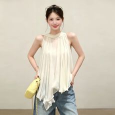 批发韩系穿搭浅杏色<b class='q'>不规则</b>薄款无袖<b class='q'>雪纺衫</b>独特漂亮巨好看小衫2026