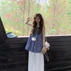 批发蓝白格子系带无袖<b class='q'>背心女</b>秋季好看穿搭减龄小众设计娃娃衫上衣