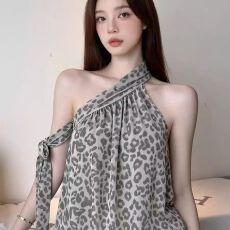 批发复古豹纹<b class='q'>雪纺</b>斜肩<b class='q'>背心女</b>装秋季性感辣妹气质收腰无袖吊带上衣