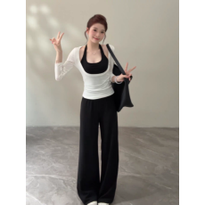 批发辣妹风挂脖两件套长袖上衣女 U 领t恤叠穿<b class='q'>背心</b>显瘦设计感打底衫