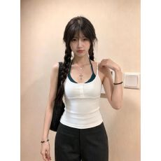 批发挂脖假两件<b class='q'>吊带</b><b class='q'>背心</b>女撞色拼接排扣修身显瘦无袖内搭上衣
