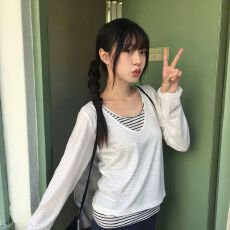 批发慵懒纯欲风 V 领<b class='q'>蕾丝</b>长袖假两件女内搭网纱<b class='q'>罩衫</b>修身显瘦上衣