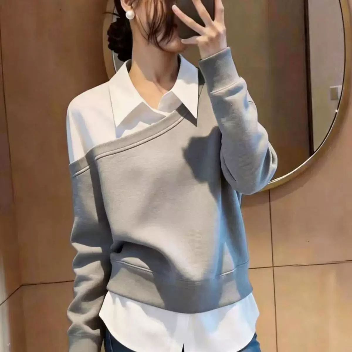 BY35632# 假两件翻领撞色长袖卫衣女秋季新款宽松显瘦洋气百搭上衣 服裝批發女裝批發服飾貨源