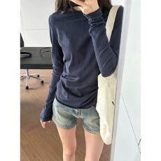 韩系半高领长袖上衣女修身显瘦弹力纯色基础款薄款打底衫