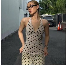 批发6月初/SCULPTOR 25夏波点挂脖背心系带修身吊带<b class='q'>韩国</b><b class='q'>代购</b>