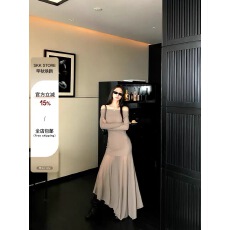 批发Skk Store jennie同款Lem*风弹力微透不规则<b class='q'>修身</b>长袖连衣<b class='q'>裙</b>女秋夏