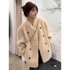 批发黛西 沃雪暖阳 羊羔毛皮草外套<b class='q'>女</b>双排扣100%羊剪绒真毛毛大衣冬季