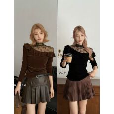 批发韩版早秋新款<b class='q'>时尚</b>气质休闲圆领拼接蕾丝边圆领长袖<b class='q'>衬衫</b>打底衫上衣