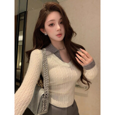 批发邱肉瑶 高级感<b class='q'>衬衫</b>领撞色<b class='q'>假两件</b>针织衫女冬季新款修身百搭打底衫