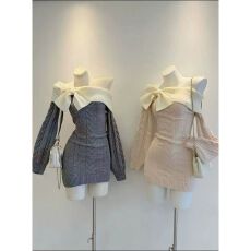 批发纯欲甜辣<b class='q'>连衣裙</b>一字肩拼色显瘦收腰毛衣设计感<b class='q'>蝴蝶结</b>针织包臀裙