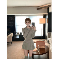 迟伞伞25/fw 灰色风信子 彼得潘领蝴蝶结针织上衣百褶半裙套装