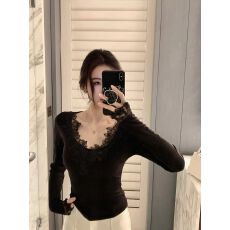 批发famouswang2025年冬季新款百搭温柔风精致气质蕾丝边打底