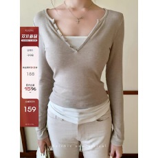 批发Xzichic乐基尔同款天丝羊毛港风长袖T恤叠穿假两件V领打底衫上衣