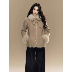 批发LIZIXIAN李梓仙蝴蝶结撞色收腰皮毛一体外套女2025年新款小个子