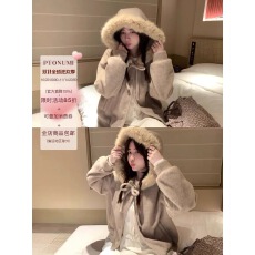 批发PtonUmi燕麦暖绒 蝴蝶结绑带大毛领连帽毛呢厚外套女好看棉服冬装