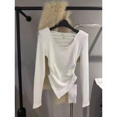 批发十三行2025冬磨毛设计感斜边开叉长袖U领T恤<b class='q'>修身</b>上衣垫肩短款女潮