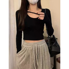 批发黑色打底衫女装早秋季2025新款紧身内搭长袖T恤修身高腰短款上衣