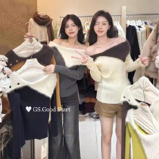 批发GS.GOOD START秋冬气质时髦撞色毛绒翻领一字肩<b class='q'>小衫</b>长袖针织衫女