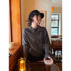 批发宋正恩咖色蝙蝠袖条纹针织衫女冬季氛围感穿搭慵懒风毛衣<b class='q'>长袖</b>上衣