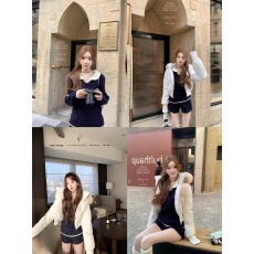 批发迟伞伞25/fw 拉夫少女 藏青撞色麻花针织假两件针织上衣短裤套装