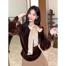 批发法式<b class='q'>气质</b>温柔风蝴蝶结丝绒<b class='q'>衬衫</b>女长袖打底衫百搭欧货时髦洋气上衣