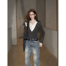 批发Bulletnini微透polo领天丝羊毛修身显瘦条纹假两件高智长袖打底女