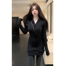 批发法式大毛领黑色麻花毛衣裙女秋冬季修身辣妹包臀打底针织连衣短裙