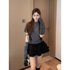 批发2025年秋冬新款韩版时尚百搭圆领<b class='q'>短袖</b>针织衫女宽松显瘦毛衣配袖套