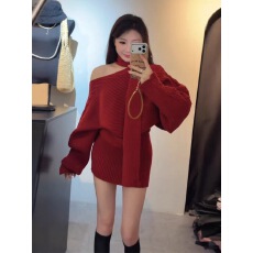 批发甜辣气质针织两件套女韩系围脖+露肩毛衣＋高腰<b class='q'>短裙</b>套装