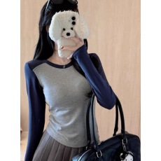 批发撞色<b class='q'>长袖</b>T恤女秋冬2025新款修身显瘦设计感超好看内搭打底衫上衣