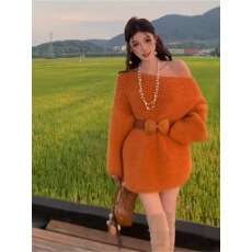 批发韩系宽松慵懒风露肩长袖针织衫套头<b class='q'>毛衣</b>女秋季小众设计感百搭上衣