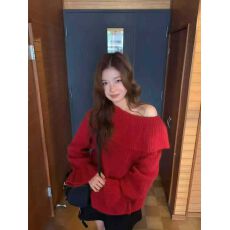 批发圣诞节穿搭新年过年红色大翻领毛衣女秋冬季宽松慵懒风针织衫上衣