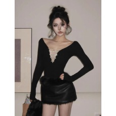 批发一字肩长袖T恤女2025<b class='q'>冬</b>季新款黑色镂空打底衫内搭上衣