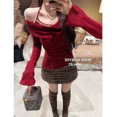 批发吴一涵 红色假两件一字肩喇叭袖针织衫女秋<b class='q'>冬</b>圣诞挂脖内搭打底衫