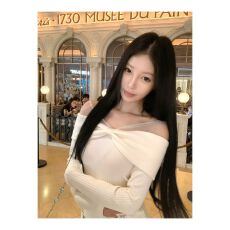 批发Pinksoya 甜美一字肩网纱蝴蝶结针织衫女后背镂空小心机<b class='q'>长袖</b>上衣