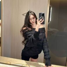 批发M900毛衣女2025新款冬季穿搭黑色慵懒高级感针织一字肩宽松小个子