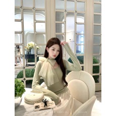 批发EIA一尧【甜心软酪】法式针织衫女冬网纱拼接气质飘带长袖打底衫