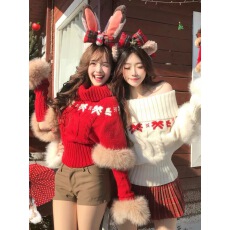 批发圣诞节费尔岛风一字肩毛衣女秋冬加厚宽松红色针织衫氛围感高领潮