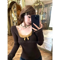 批发FuunJ偷糖Plan收腰拼色抽褶蝴蝶结薄绒打底T恤女内搭显瘦针织上衣