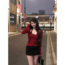 批发刘德瓜LDG【女主播2.0】红色蕾丝打底衫挂脖拼接性感修身短上衣