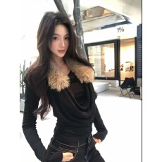 批发假两件黑色毛毛领长袖针织衫女秋冬季辣妹<b class='q'>修身</b>内搭打底衫荡领上衣