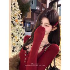 批发白水女 圣诞美女 U领<b class='q'>长袖</b>打底衫冬季氛围感纯欲修身保暖内搭上衣