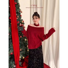 批发圣诞新年红法式氛围感亮丝细闪<b class='q'>一字肩</b>毛衣冬季慵懒风气质围脖上衣