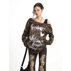 批发UNCMHISEX 美式迷彩蝴蝶贴布设计感水洗斜肩<b class='q'>街头</b>辣妹长袖T恤女