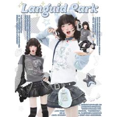 批发蓝鬼公园Languid Park 假两件<b class='q'>条纹</b>宅文化穿搭长袖<b class='q'>T</b><b class='q'>恤</b>女打底上衣