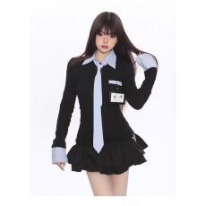 批发BEARGIRL韩系学院风假两件polo领带长袖衬衫T恤女秋季修身短上衣