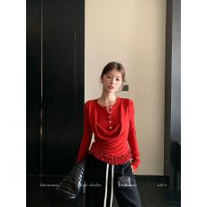 批发LINONEON 智性分子 复古荡领撞色纽扣假两件修身长袖针织T恤