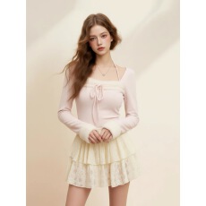 批发毛毛拼接粉色方领长袖<b class='q'>T</b><b class='q'>恤</b>女秋冬季修身纯欲风内搭短款打底衫上衣