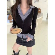 批发TOKO.Z冬季韩版拼接假两件加绒长袖纽扣<b class='q'>衬衫</b>女百搭polo领撞色上衣