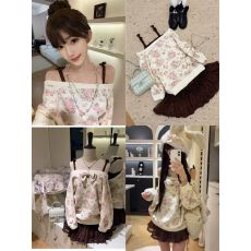 批发一字肩蝴蝶结碎花长袖针织毛衣女装<b class='q'>秋</b>冬季慵懒宽松设计感小众上衣